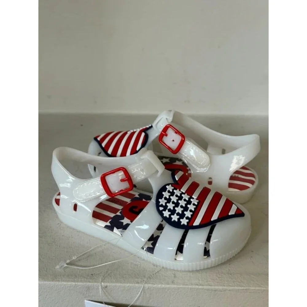 Happily Grey Kids White Jelly Sandals USA Flag Heart Size 6 NWT